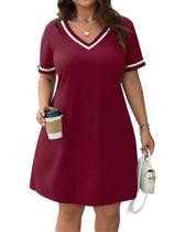 Vestido túnica Verdusa Burgundy com decote em V, manga curta, tamanho grande Vestido túnica Verdusa Burgundy com decote em V, manga curta, tamanho grande