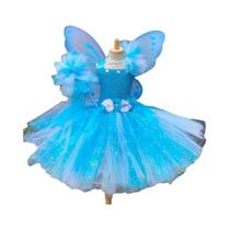 Vestido Tutu Azul E Branco Com Glitter E Asas De Borboleta Para Meninas - Fantasia De Fada Princesa