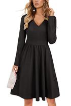 Vestido ULTRANICE preto de manga comprida com decote em V midi com bolsos