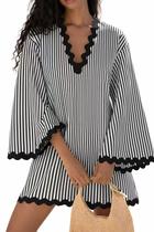 Vestido VAOYIU Boho listrado com decote em V Beach Resort, capa preta