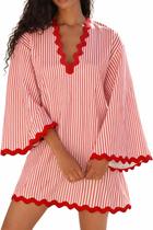 Vestido VAOYIU Boho listrado com decote em V para mulheres vermelho tamanho S