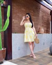 Vestido Verão Estampado sem alça Amarelo Com Elastico