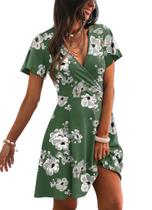 Vestido Verde Floral com Decote V Envolvente e Manga Curta Babada - Tamanho L