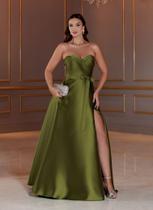 Vestido Verde Oliva com Laço na Cintura e Fenda Evasê Tamanho 40 Vestido Verde Oliva com Laço na Cintura e Fenda Evasê Tamanho 40