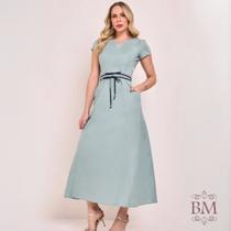 Vestido, Verde, Viscolinho, Evasê, Bolsos, Decote V, Cós, Amarração, Zíper Lateral, Forro, Fascinius Tam. 42 BM1257 Vestido, Verde, Viscolinho, Evasê, Bolsos, Decote V, Cós, Amarração, Zíper Lateral, Forro, Fascinius Tam. 42 BM1257