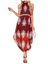 Vestido Verdusa Summer Halter Flowy Asymmetrical Borgonha para mulher Vestido Verdusa Summer Halter Flowy Asymmetrical Borgonha para mulher
