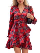 Vestido vermelho CUPSHE, xadrez, decote em V, babados, manga comprida, mini