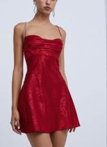 Vestido vermelho de cetim desenhado, curto, tamanho PP