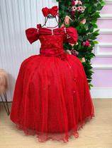 Vestido Vermelho de Formatura para Dama com Manga Princesa em Tule Glitter Vestido Vermelho de Formatura para Dama com Manga Princesa em Tule Glitter