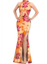 Vestido VFSHOW com gola alta, estilo sereia, laranja com fenda alta Vestido VFSHOW com gola alta, estilo sereia, laranja com fenda alta