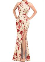 Vestido VFSHOW Mermaid com gola alta e fenda alta para mulheres, bege Vestido VFSHOW Mermaid com gola alta e fenda alta para mulheres, bege
