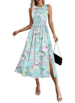 Vestido VFSHOW Summer Ruffle, gola redonda, midi, azul Vestido VFSHOW Summer Ruffle, gola redonda, midi, azul