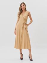 Vestido Via Lessa Maine Transpassado Midi em Linho Bege