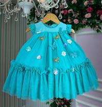 Vestido Vila Lele Jardim das Borboletas para Bebê Verde Tiffany - Tamanhos P, M, G, 1, 2 e 3