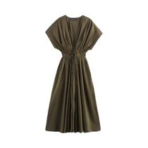 Vestido Vintage Marrom Sem Mangas Com Decote Em V E Faixas Drapeadas, Vestido Feminino De Botão