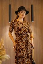 Vestido Viscolinho, Forrado, Animal Print, Babado, Elástico Cintura, Cinto Tecido, Miss Moda