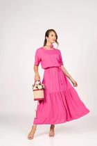 Vestido Viscolinho, Rosa, Decote Canoa, Manga 3/4, Babado Saia, Elástico Cintura, Cinto, Forro, Miss Moda BM1140