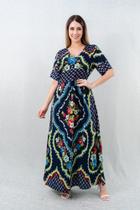 Vestido viscose bordado com detalhes em rosa longo estampado com flores MHIN403