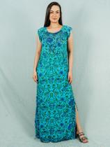 Vestido Viscose Longo Flores Fenda Lateral Azul SDE-15094