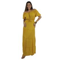 Vestido viscose longo manga ombro a ombro com bordado e cordão rosa chiclete MHI491