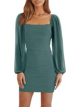 Vestido Wenrine Mesh, manga comprida, gola quadrada, Bodycon, verde
