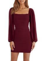 Vestido Wenrine Mesh, manga comprida, gola quadrada, Bodycon, vinho tinto