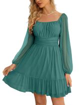 Vestido Wenrine Mesh, manga comprida, gola quadrada, uma linha, verde, feminino Vestido Wenrine Mesh, manga comprida, gola quadrada, uma linha, verde, feminino