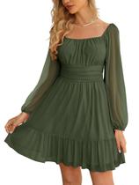 Vestido Wenrine Mesh, manga comprida, gola quadrada, uma linha, verde militar Vestido Wenrine Mesh, manga comprida, gola quadrada, uma linha, verde militar