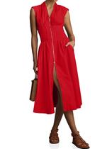 Vestido Wenrine Summer Smocked Midi com decote em V, manga curta, vermelho