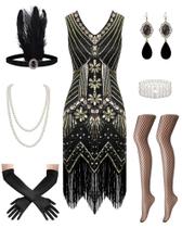 Vestido WooHand 1920s Great Gatsby Flapper Set preto L