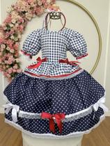 Vestido Xadrez Festa Junina Infantil Azul Marinho Vermelho Laços Junino Caipira Quadrilha Rodado
