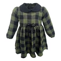 Vestido Xadrez Infantil Flanelado Manga Longa Verde Longo