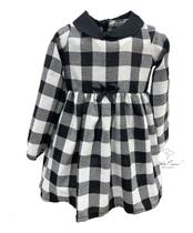 Vestido Xadrez Infantil Flanelado Manga Longa Xadrez Preto e Branco