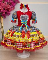 Vestido Xadrez Junino Infantil Vermelho Preto Coração Fogueira Laço Festa Junina Caipira Quadrilha