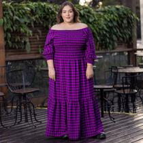 Vestido Xadrez Longo Plus Size Rodado Com Babado Ombro A Ombro Multiuso Manga Godê 3/4 Lastex