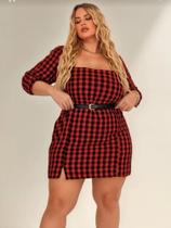 Vestido Xadrez Plus Size Curto Manga 3/4 Modelador Ajustável Casual Festa Junina