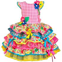 Vestido Xadrez Rosa Infantil de Festa Junino Rainha Caipira Com Saia Super Rodada Para Meninas De 2 a 10 Anos