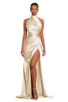 Vestido Yilis Champagne Satin Halter Mermaid com fenda tamanho 8 Vestido Yilis Champagne Satin Halter Mermaid com fenda tamanho 8