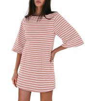 Vestido Yousify rosa e branco listrado de manga curta de algodão 2025
