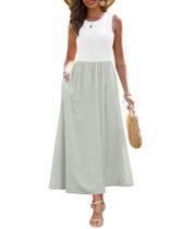 Vestido Zattcas Maxi Sem Mangas Patchwork em Malha Branco Verde Vestido Zattcas Maxi Sem Mangas Patchwork em Malha Branco Verde