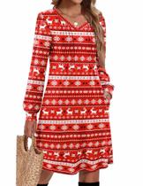 Vestido Zeagoo Navideño con Renos Impresos y Mangas Largas en Rojo Vestido Zeagoo Navideño con Renos Impresos y Mangas Largas en Rojo