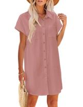 Vestido Zeagoo rosa algodão de verão, linho, manga curta, decote em V