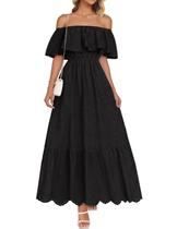 Vestido ZESICA 2025 Summer Off Shoulder com babados bordado preto Vestido ZESICA 2025 Summer Off Shoulder com babados bordado preto