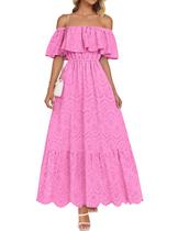 Vestido ZESICA 2025 Summer Off Shoulder com babados bordado rosa Vestido ZESICA 2025 Summer Off Shoulder com babados bordado rosa
