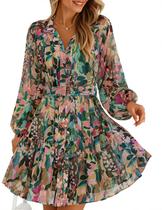 Vestido ZESICA Floral Mini Manga Longa com Botões Verde M Vestido ZESICA Floral Mini Manga Longa com Botões Verde M