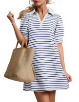 Vestido ZESICA Summer Casual Listrado Mini Vestido Azul Feminino