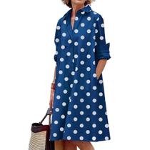 Vestido Zhyaj azul escuro de bolinhas, midi, manga comprida, feminino, 2025