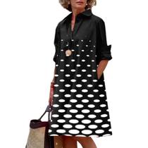 Vestido Zhyaj Button Down de manga comprida preto de bolinhas plus size Vestido Zhyaj Button Down de manga comprida preto de bolinhas plus size