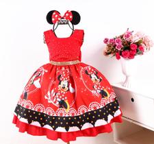 VestidoDe Festa Infantil Tema Minnie Vermelho Luxo E Tiara