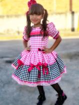 Vestidos Caipira Junino Festa são joão Infantil quadriculado preto com rosa 052